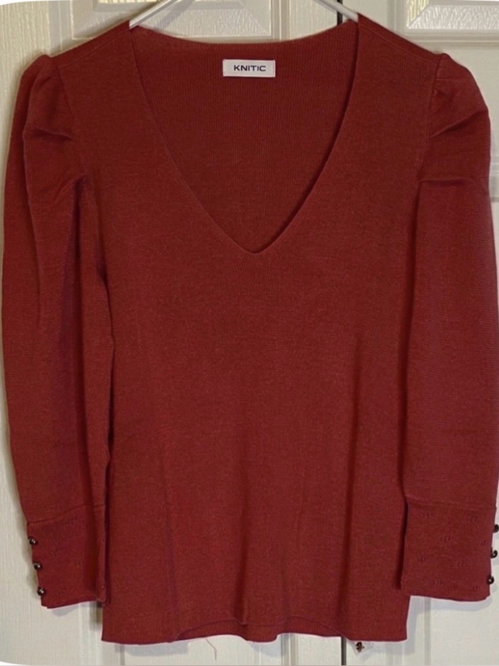KNITIC V-Neck Puff Sleeve Sweater, Women’s M, Rose Pink Hue